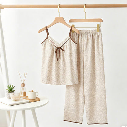 Beige Bow Detail Cami Lounge Set