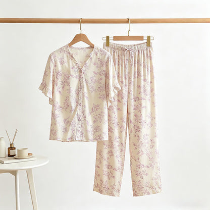 Lavender Floral Ruffle Sleeve Loungewear Set