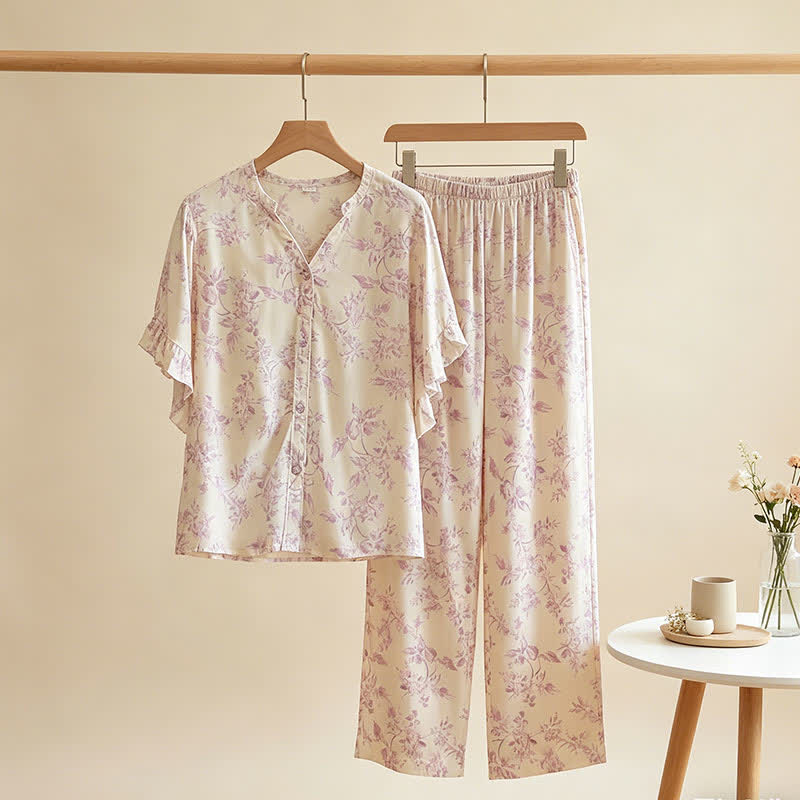 Lavender Floral Ruffle Sleeve Loungewear Set