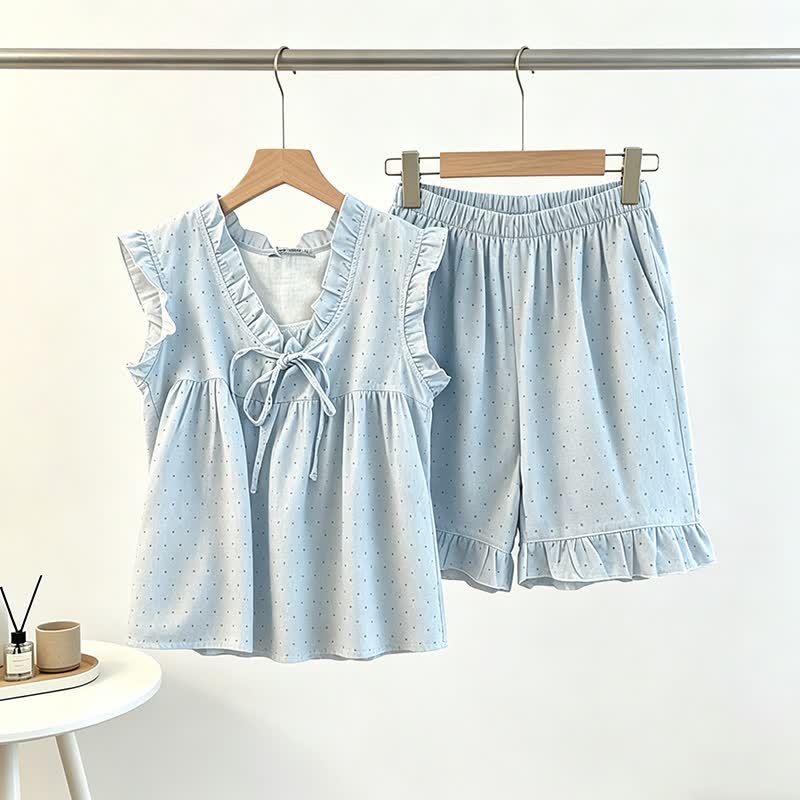 French Dot Ruffle Sleeveless Women's Pajamas
