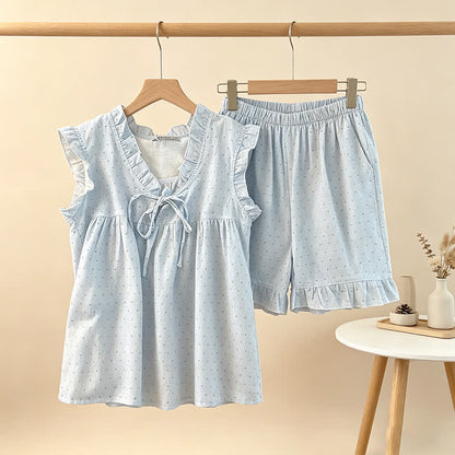 French Dot Ruffle Sleeveless Women's Pajamas