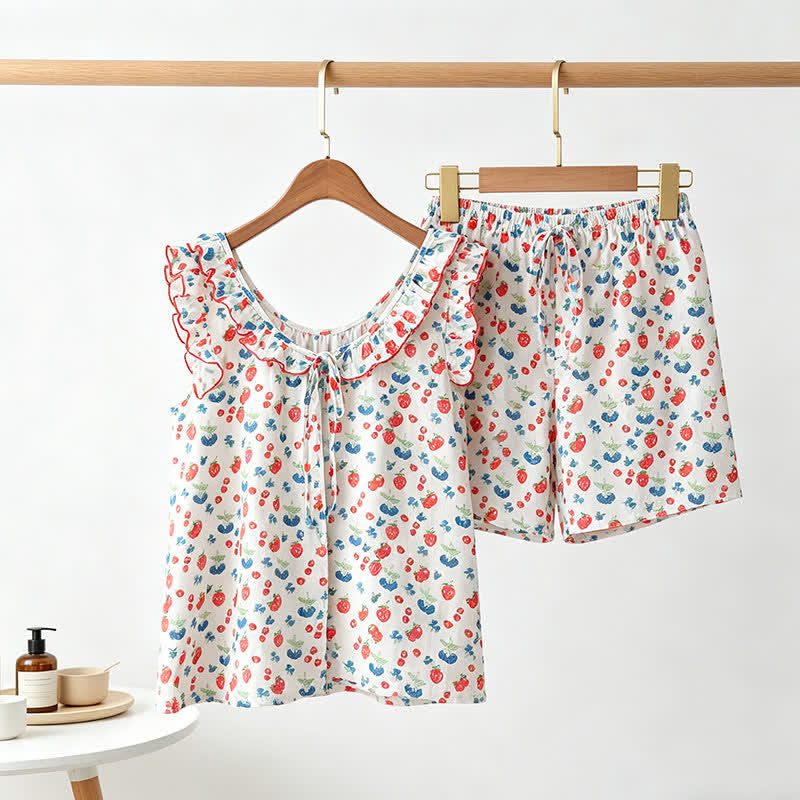 Fruit Cotton Gauze Ruffle Women's Pajamas