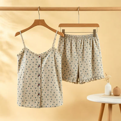 Blue Floral Cotton Ruffle Women's Pajamas