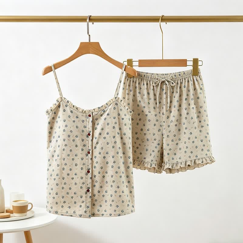 Blue Floral Cotton Ruffle Women's Pajamas