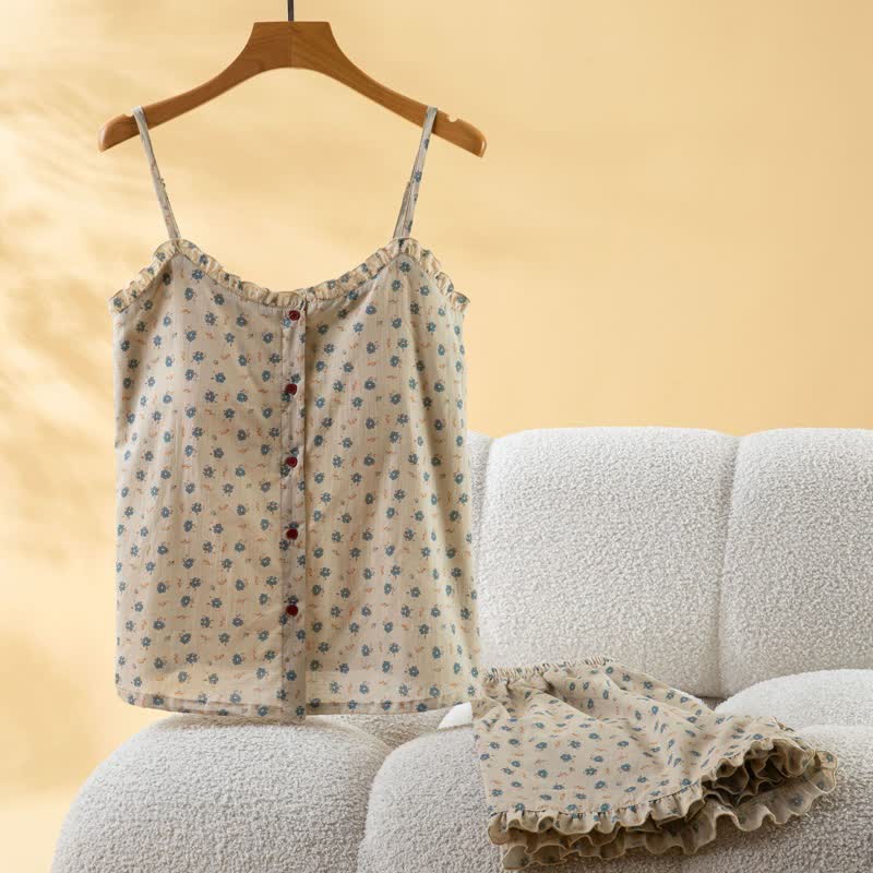 Blue Floral Cotton Ruffle Women's Pajamas