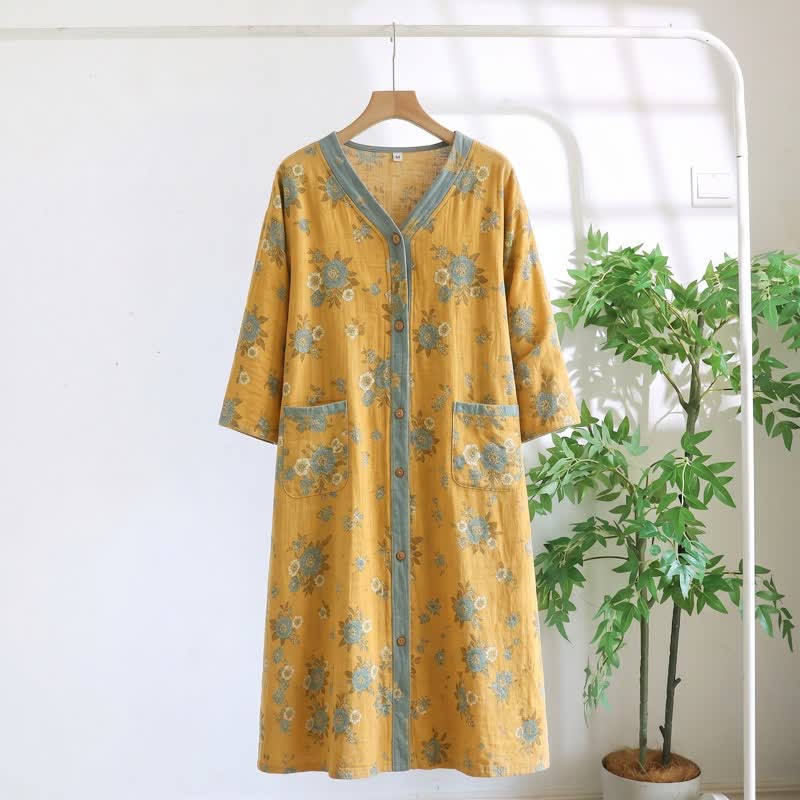 Yellow Floral Cotton Lounge Dress