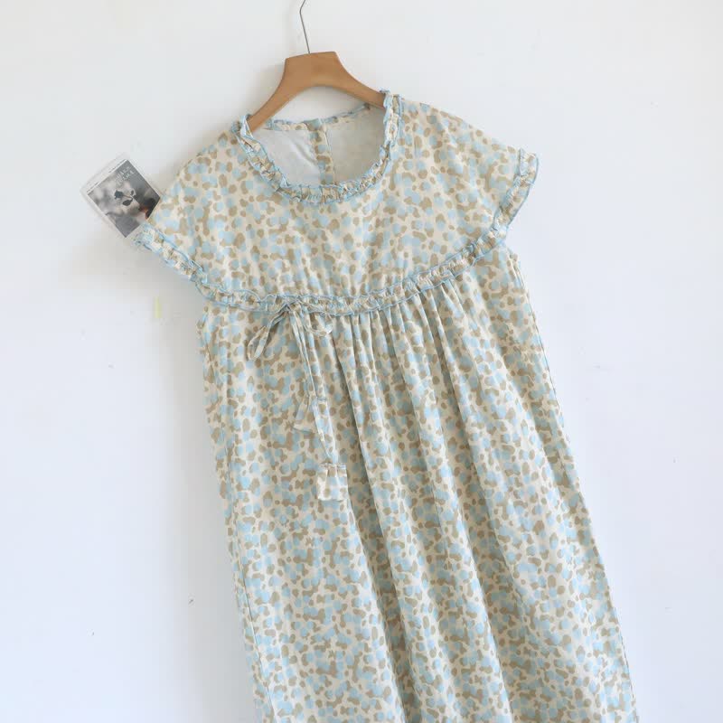 Artistic Pattern Cotton Gauze Ruffle Nightgown