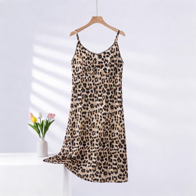 Leopard Print Lace Trim Nightgown
