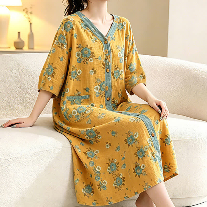 Yellow Floral Cotton Lounge Dress