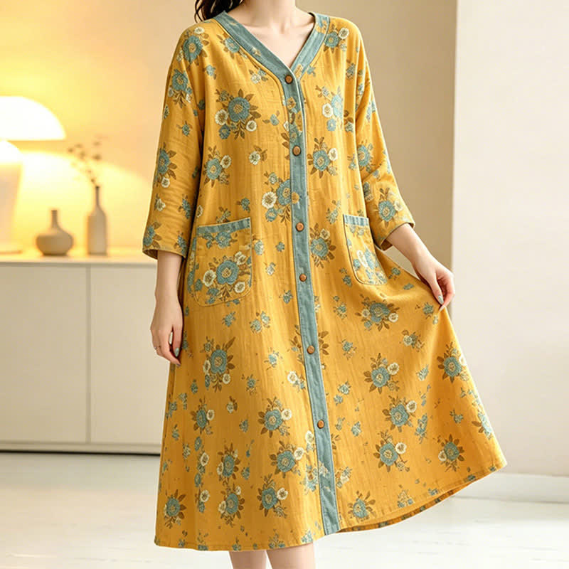 Yellow Floral Cotton Lounge Dress