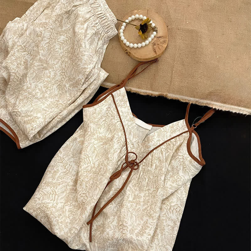Beige Bow Detail Cami Lounge Set