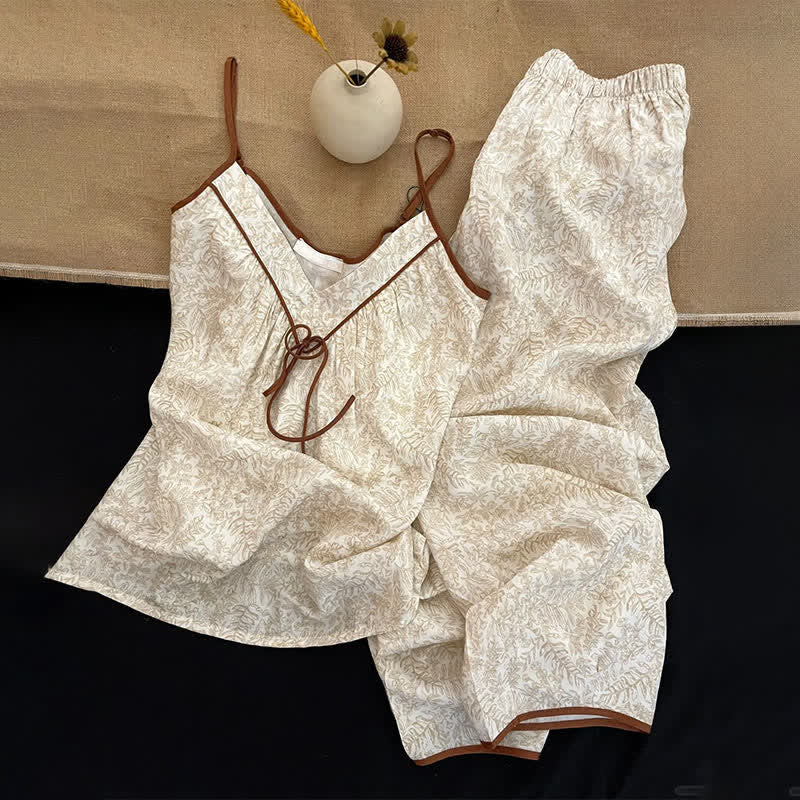 Beige Bow Detail Cami Lounge Set