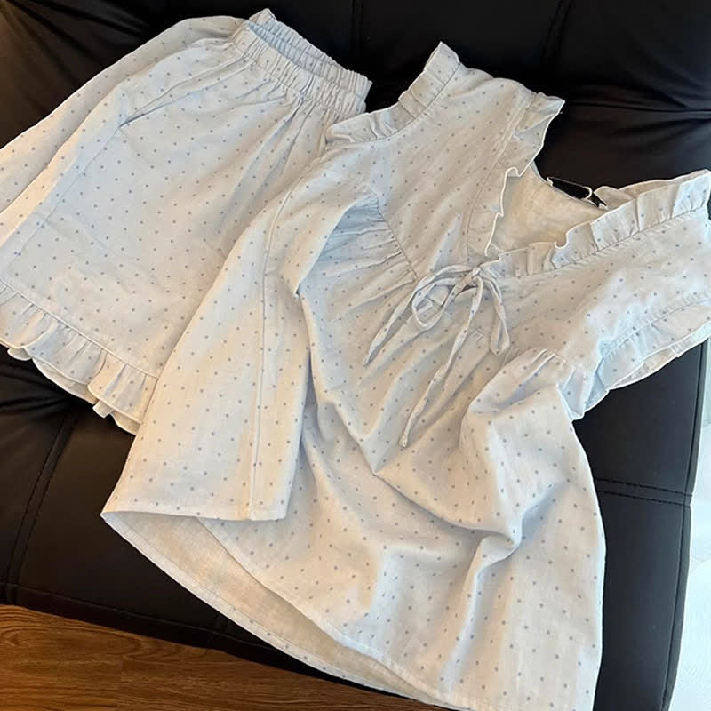 French Dot Ruffle Sleeveless Women's Pajamas