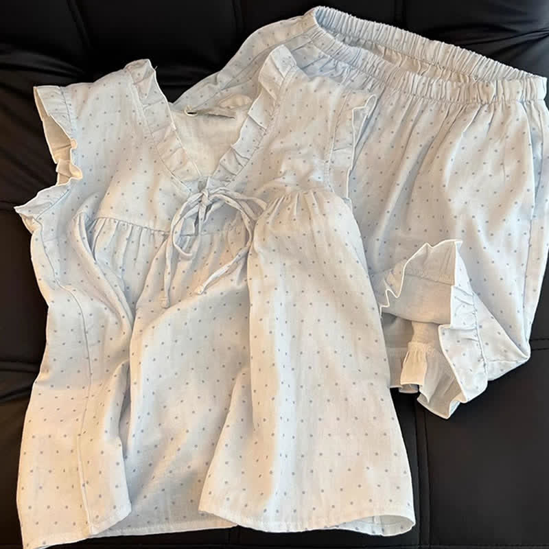 French Dot Ruffle Sleeveless Women's Pajamas
