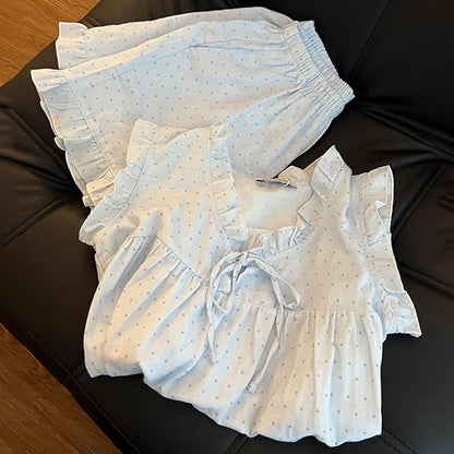 French Dot Ruffle Sleeveless Women's Pajamas
