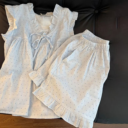 French Dot Ruffle Sleeveless Women's Pajamas
