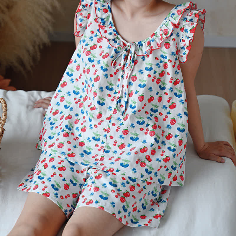 Fruit Cotton Gauze Ruffle Women's Pajamas