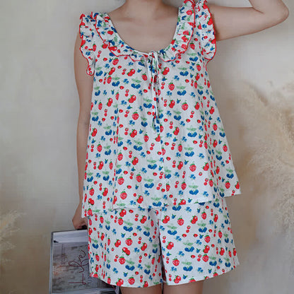 Fruit Cotton Gauze Ruffle Women's Pajamas