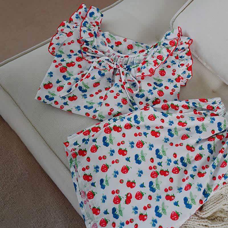 Fruit Cotton Gauze Ruffle Women's Pajamas