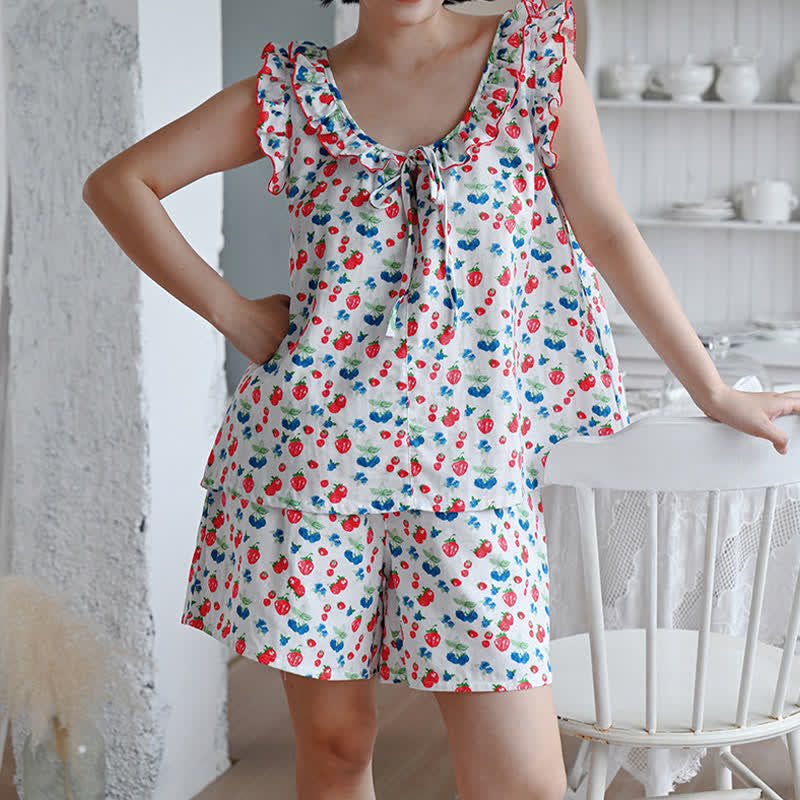 Fruit Cotton Gauze Ruffle Women's Pajamas