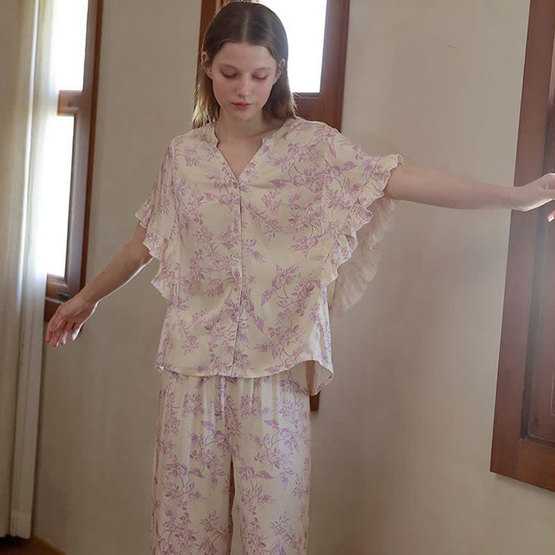 Lavender Floral Ruffle Sleeve Loungewear Set