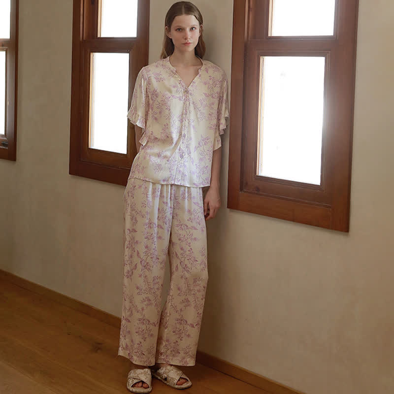 Lavender Floral Ruffle Sleeve Loungewear Set