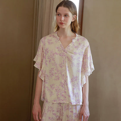 Lavender Floral Ruffle Sleeve Loungewear Set