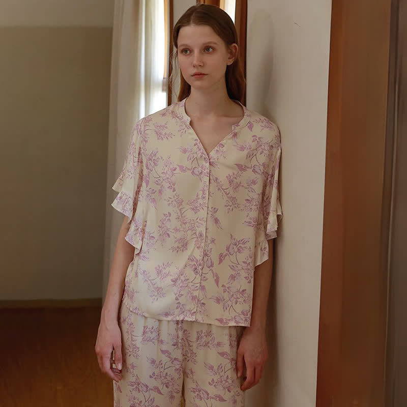 Lavender Floral Ruffle Sleeve Loungewear Set
