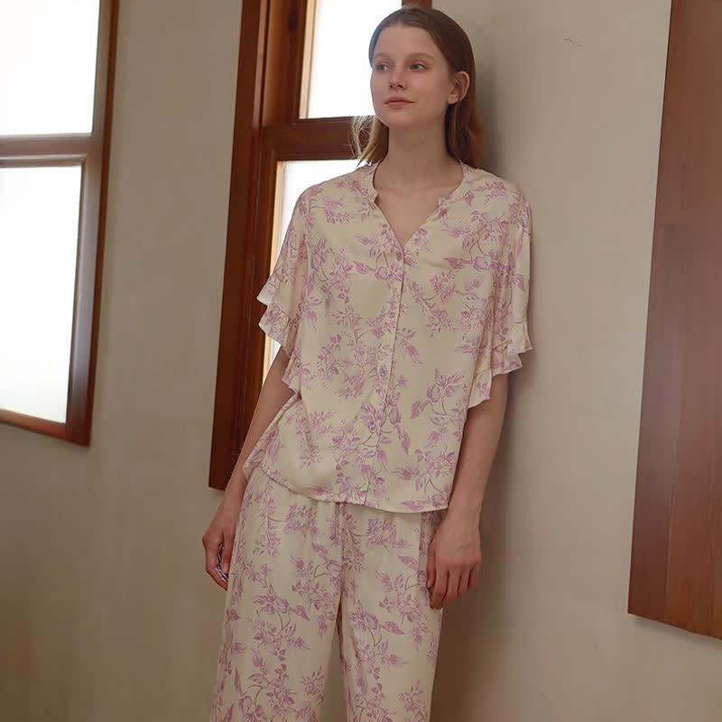Lavender Floral Ruffle Sleeve Loungewear Set