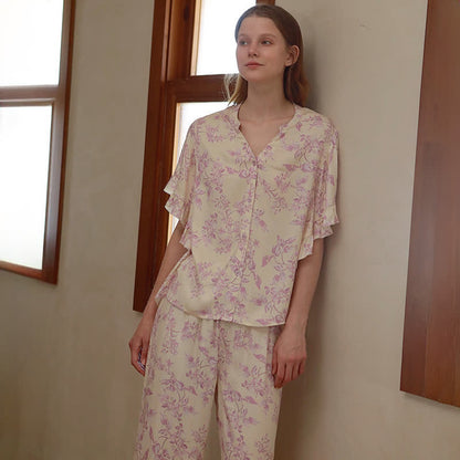 Lavender Floral Ruffle Sleeve Loungewear Set