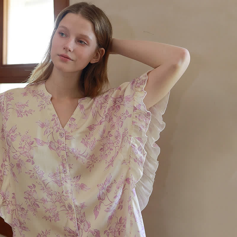 Lavender Floral Ruffle Sleeve Loungewear Set