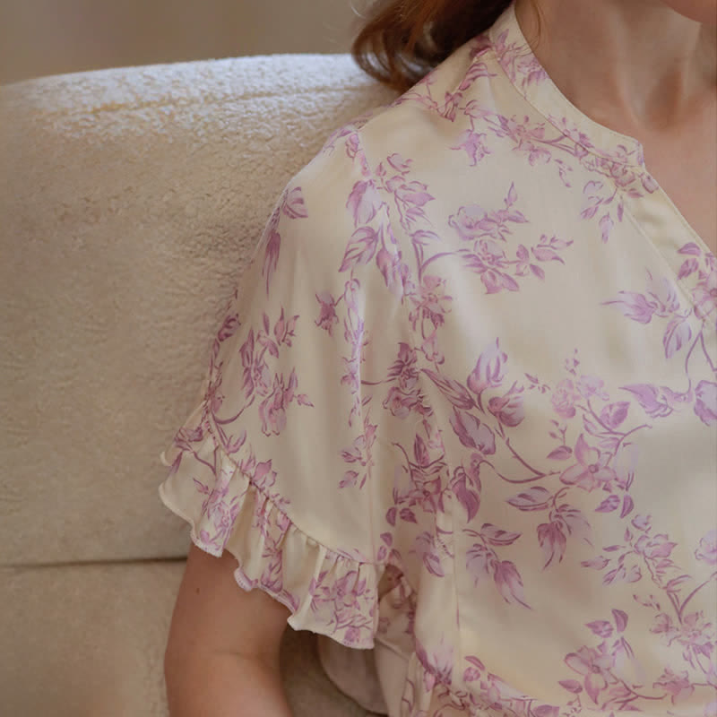 Lavender Floral Ruffle Sleeve Loungewear Set