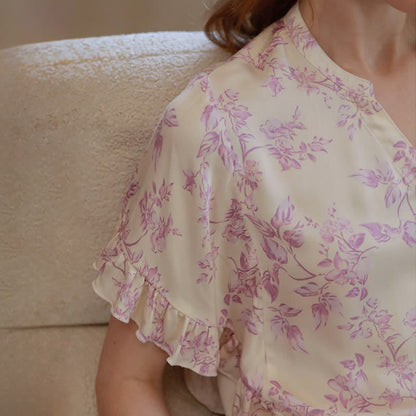 Lavender Floral Ruffle Sleeve Loungewear Set