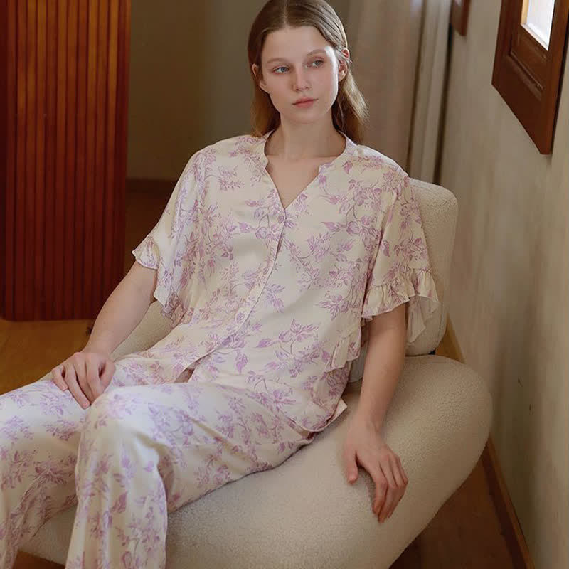Lavender Floral Ruffle Sleeve Loungewear Set
