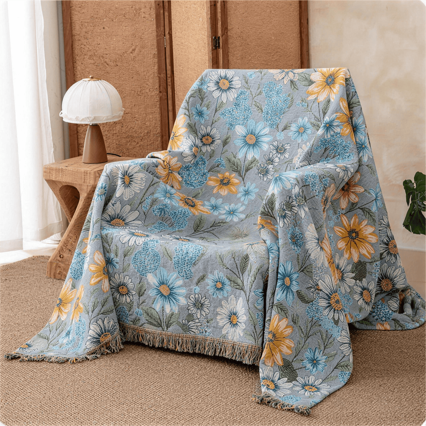 Vintage Floral Daisy Fringed Gauze Quilt