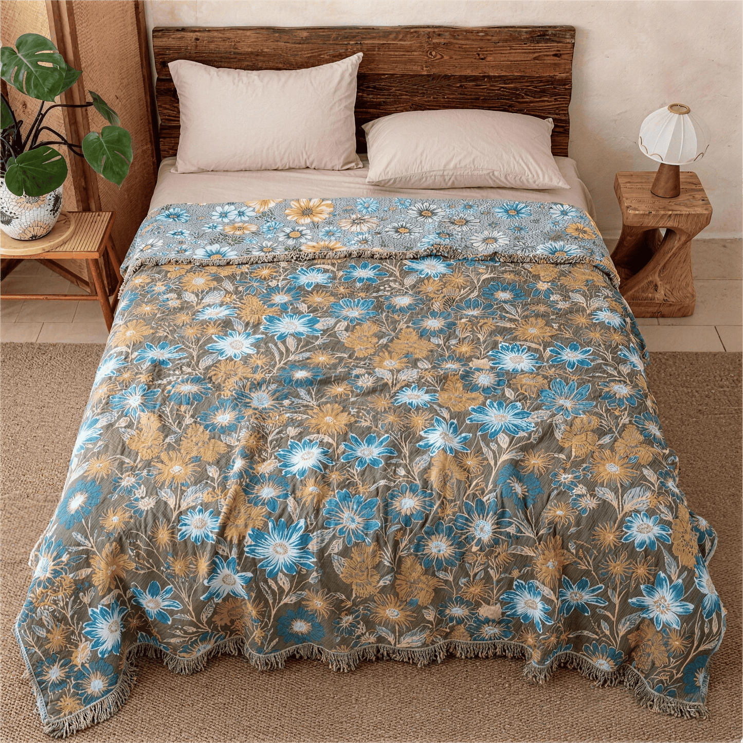 Vintage Floral Daisy Fringed Gauze Quilt