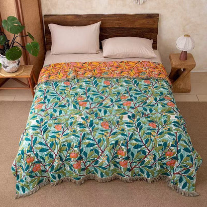 Vintage Botanical Fringed Reversible Gauze Quilt