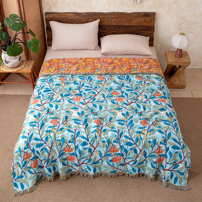 Vintage Botanical Fringed Reversible Gauze Quilt