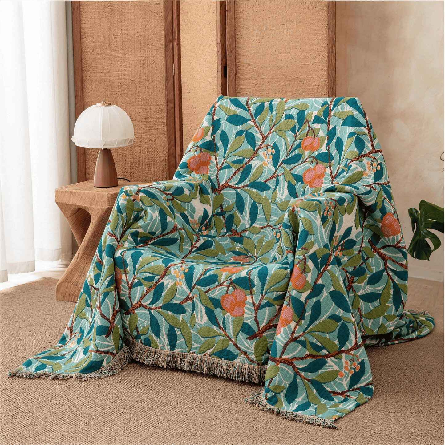 Vintage Botanical Fringed Reversible Gauze Quilt