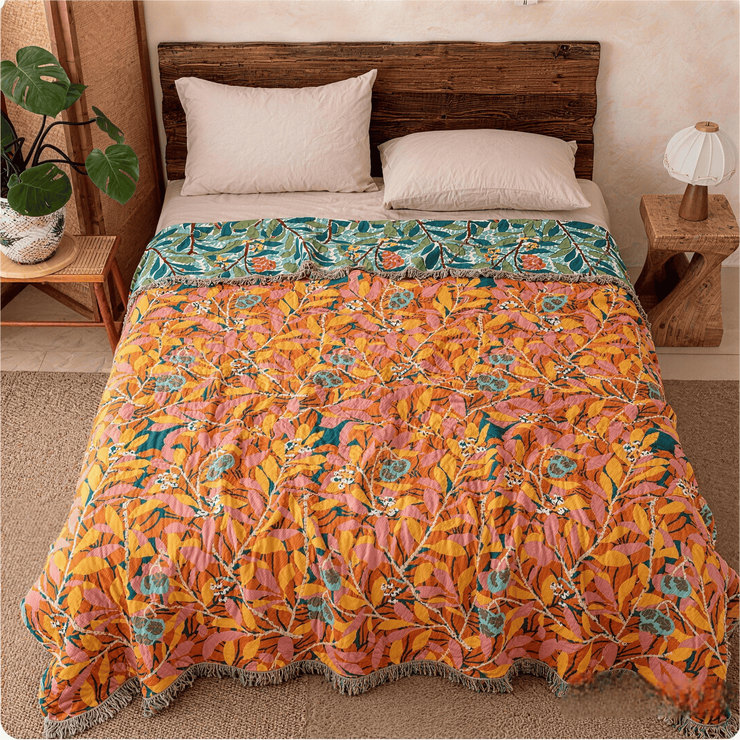 Vintage Botanical Fringed Reversible Gauze Quilt