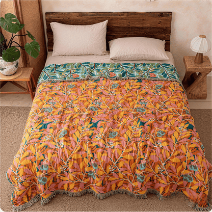Vintage Botanical Fringed Reversible Gauze Quilt