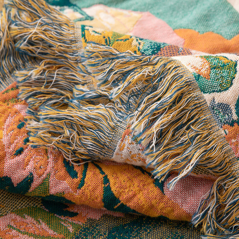 Vintage Oil Painting Rosy Fringed Gauze Quilt