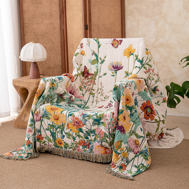 Watercolor Wildflower Fringed Reversible Gauze Quilt
