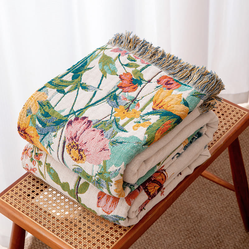 Watercolor Wildflower Fringed Reversible Gauze Quilt