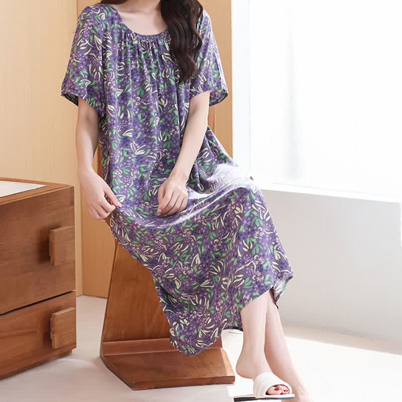 Purple Floral Gathered Neck Lounge Dress