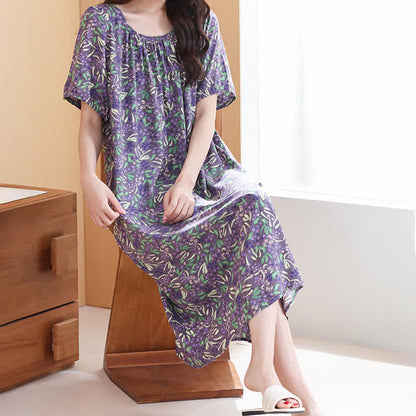 Purple Floral Gathered Neck Lounge Dress