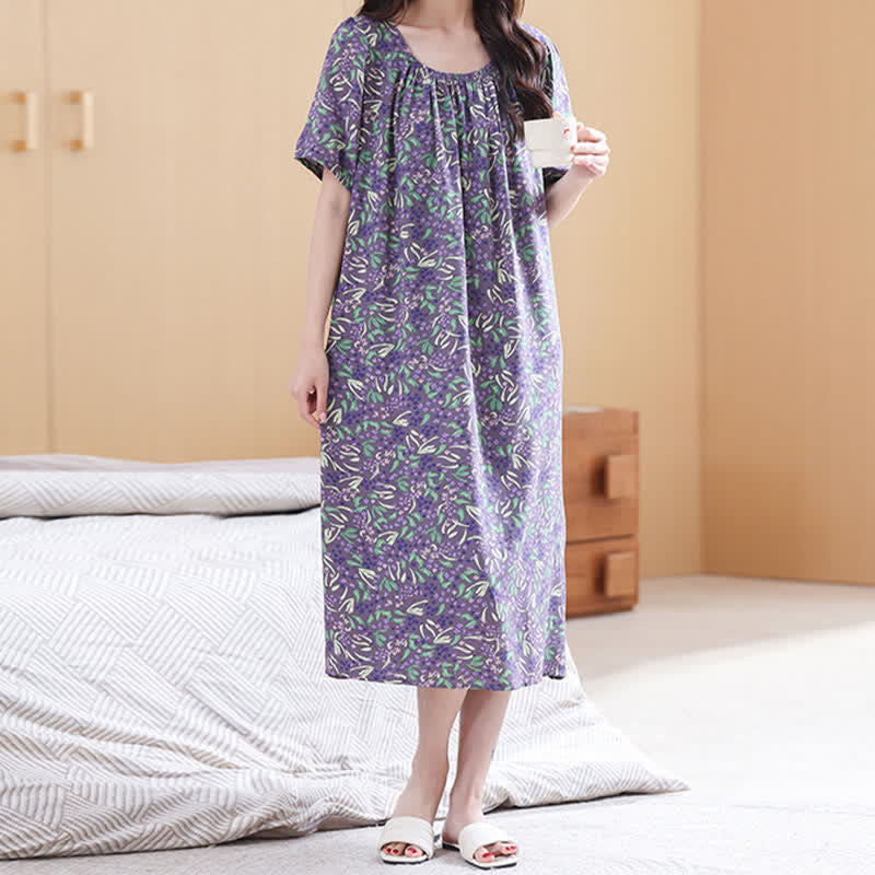 Purple Floral Gathered Neck Lounge Dress