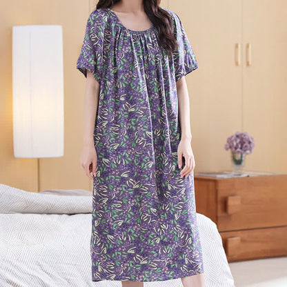 Purple Floral Gathered Neck Lounge Dress