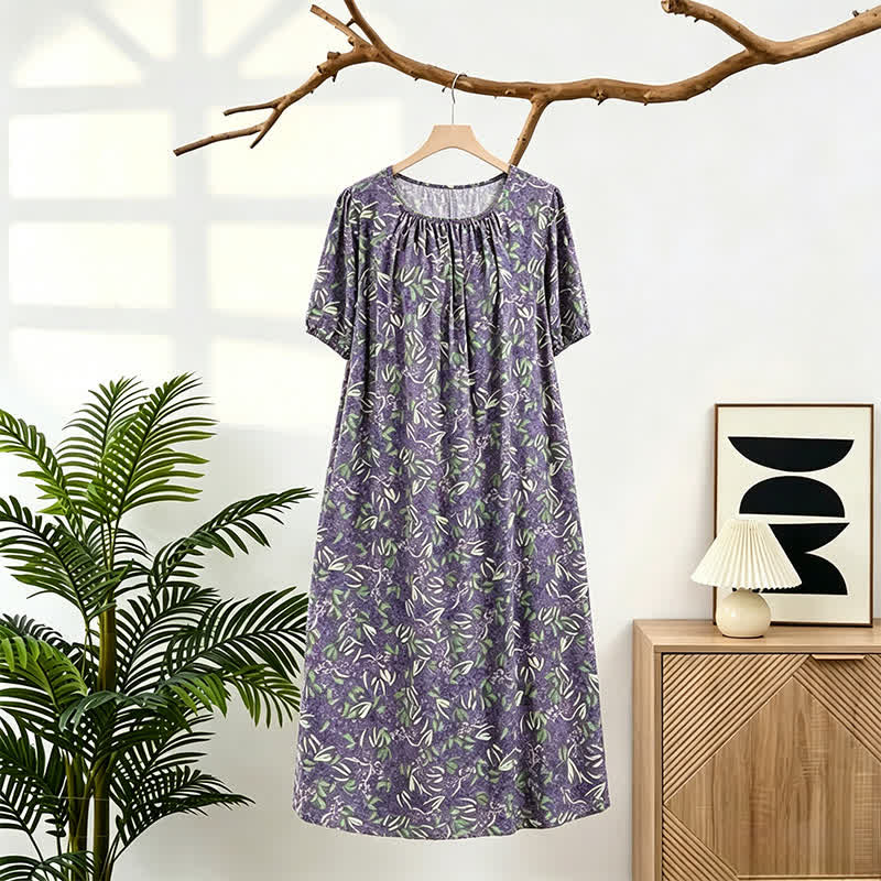 Purple Floral Gathered Neck Lounge Dress