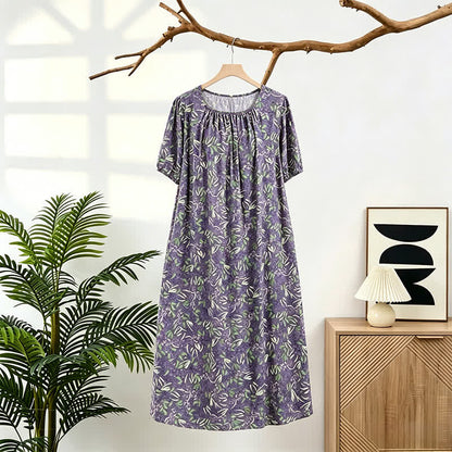 Purple Floral Gathered Neck Lounge Dress